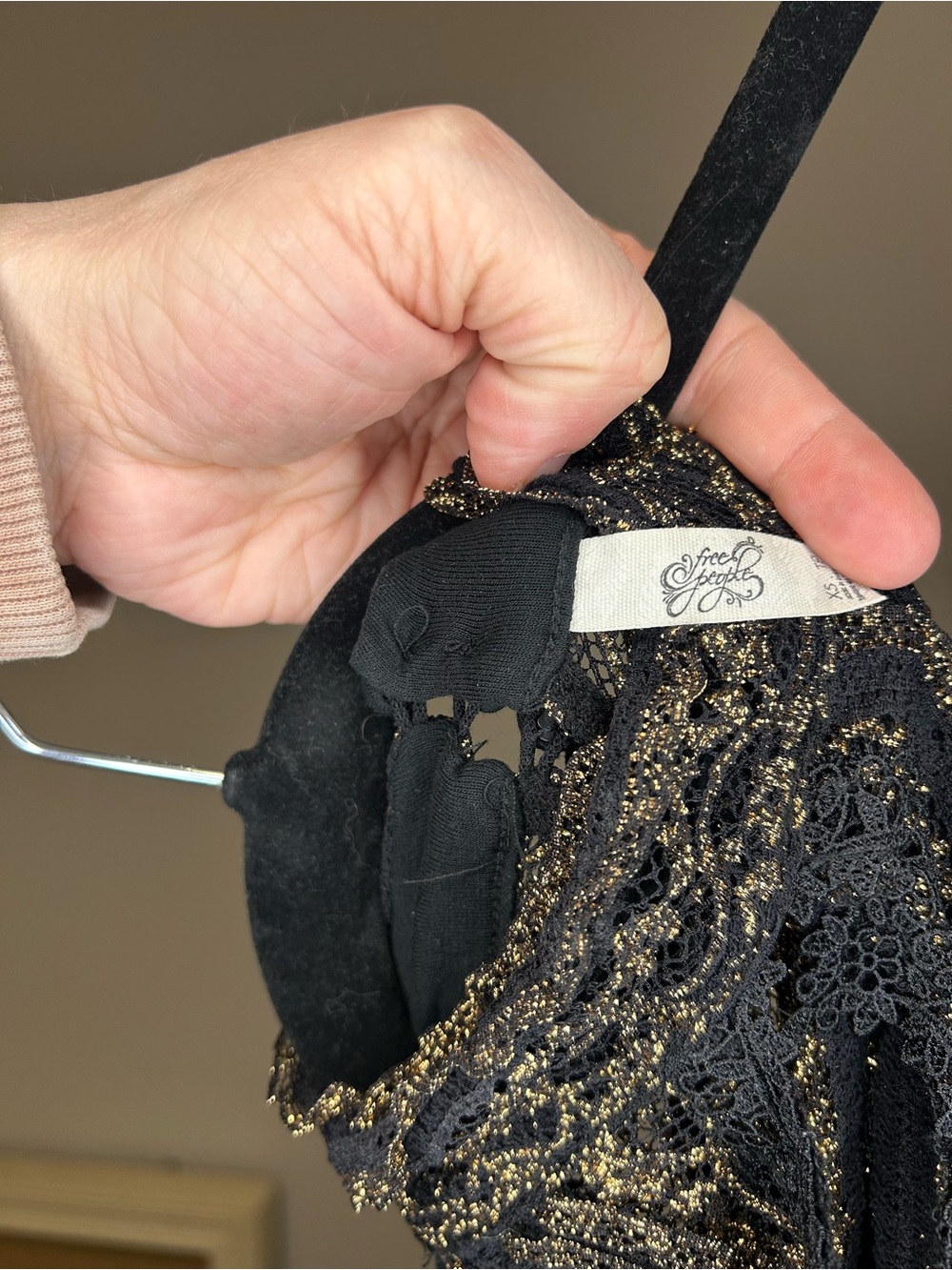 Free People Black Gold Lace Mini Dress XS Boho Party Glam Night Out Date Sexy - Picture 4 of 6